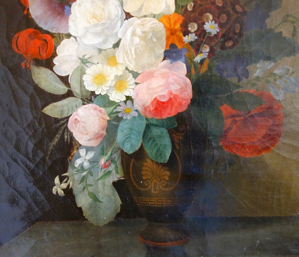 Ecole Française du début XIXe siècle, grande nature morte aux fleurs - huile sur toile - 59,5cm x 71,5cm