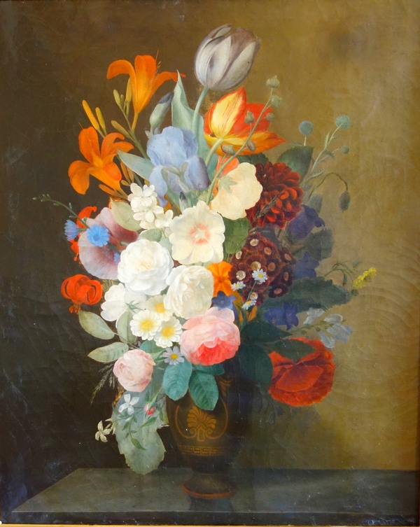 Ecole Française du début XIXe siècle, grande nature morte aux fleurs - huile sur toile - 59,5cm x 71,5cm