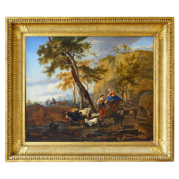 19th century French school : pastoral scene in the taste of Berchem, large oil on canvas - 142cm x 121cm