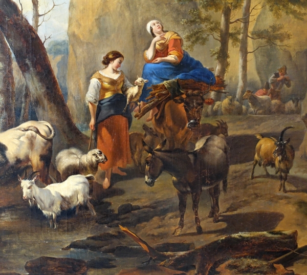 19th century French school : pastoral scene in the taste of Berchem, large oil on canvas - 142cm x 121cm
