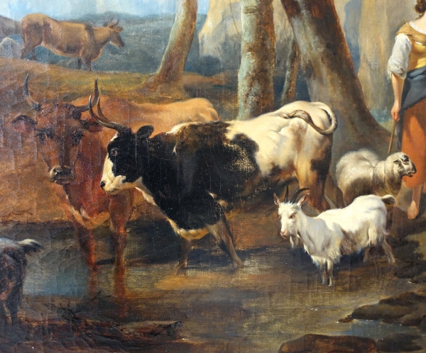 Ecole Française du XIXe siècle, scène pastorale dans le goût de Berchem, grande huile sur toile 142cm x 121cm