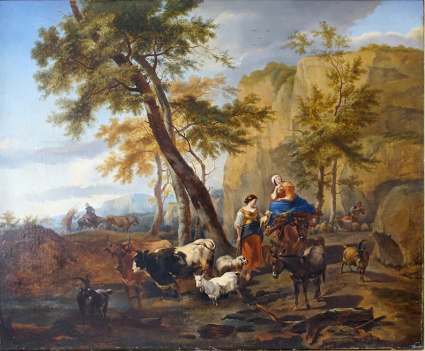 Ecole Française du XIXe siècle, scène pastorale dans le goût de Berchem, grande huile sur toile 142cm x 121cm