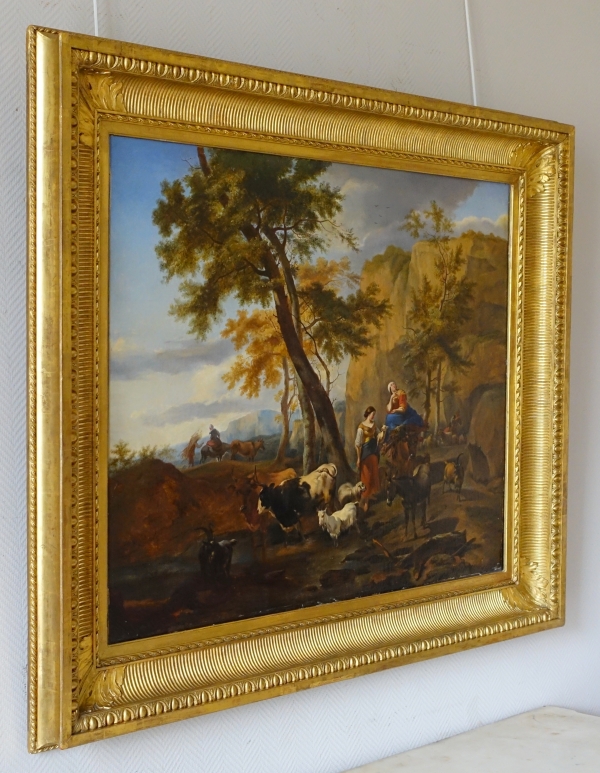 19th century French school : pastoral scene in the taste of Berchem, large oil on canvas - 142cm x 121cm