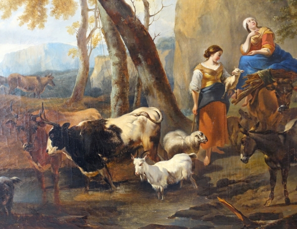 19th century French school : pastoral scene in the taste of Berchem, large oil on canvas - 142cm x 121cm