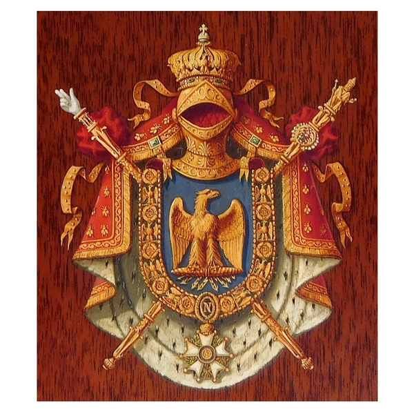 Miniature oil on mahogany panel : Napoleon III Imperial coat of arms