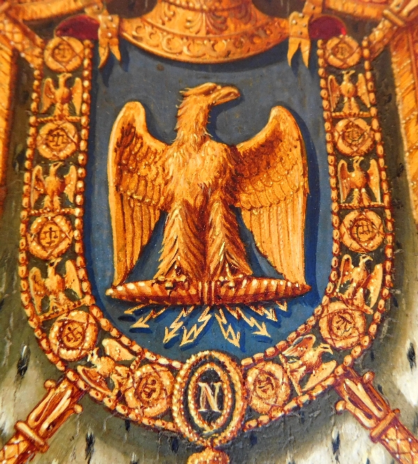Miniature oil on mahogany panel : Napoleon III Imperial coat of arms