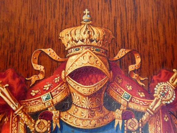 Miniature oil on mahogany panel : Napoleon III Imperial coat of arms