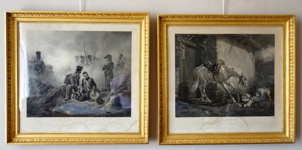 Large Empire engraving by Vernet : injured dog on the battlefield - gold leaf gilt frame