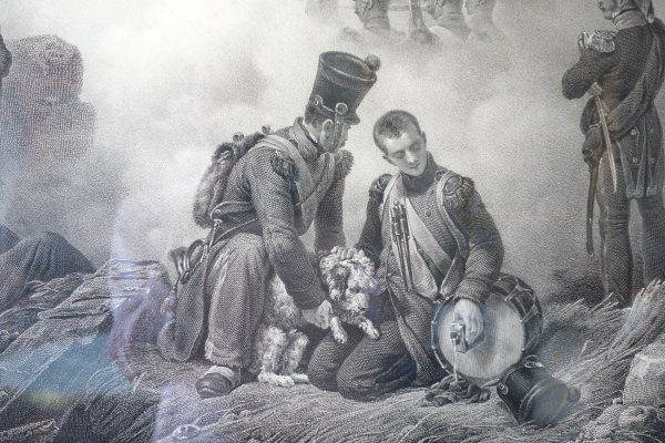 Grande gravure Empire par Vernet : le chien du régiment, cadre en bois doré