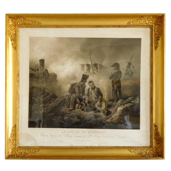 Large Empire engraving : Injured dog on the battlefield - gold leaf gilt frame