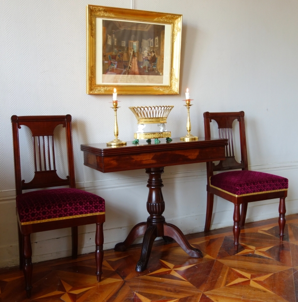 Colorized engraving : inside an Empire dining room after Martin Drolling - early 19th century