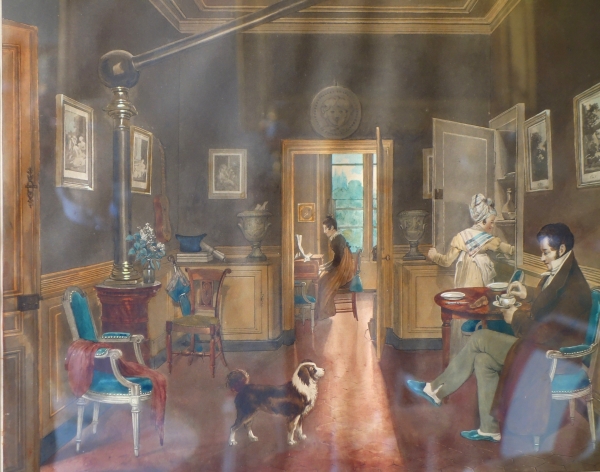 Colorized engraving : inside an Empire dining room after Martin Drolling - early 19th century