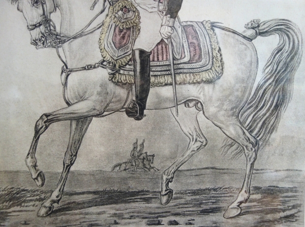 Napoléon à cheval, gravure colorisée d'après Carle Vernet - cadre en bois doré d'époque Empire