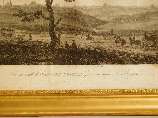 Grande gravure la Ville de Constantinople (Istanbul), cadre en bois doré époque 1840