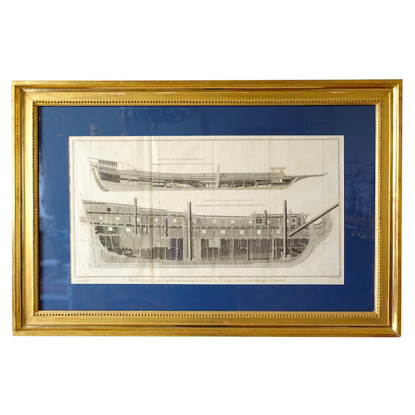 French Royal Navy vessel engraving, 18th century, gold leaf gilt frame