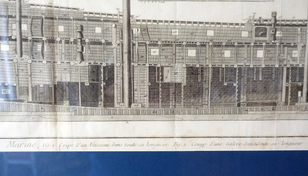 Gravure coupe de vaisseaux de la Marine Royale - planche de l'Encyclopédie XVIIIe - cadre en bois doré