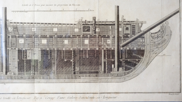 Gravure coupe de vaisseaux de la Marine Royale - planche de l'Encyclopédie XVIIIe - cadre en bois doré