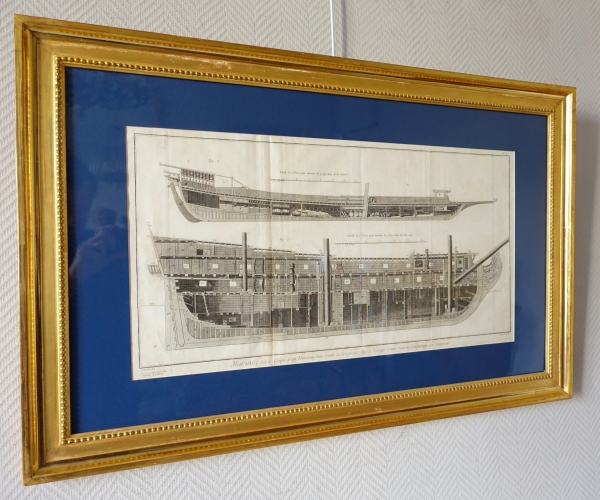 French Royal Navy vessel engraving, 18th century, gold leaf gilt frame