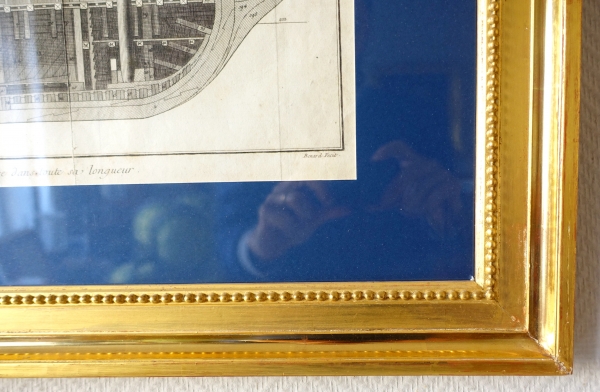 Gravure coupe de vaisseaux de la Marine Royale - planche de l'Encyclopédie XVIIIe - cadre en bois doré
