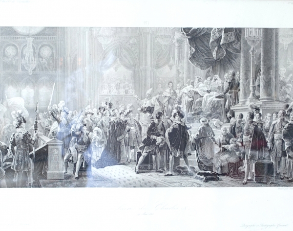 Gravure Sacre du Roi Charles X - souvenir historique royaliste - cadre en bois doré