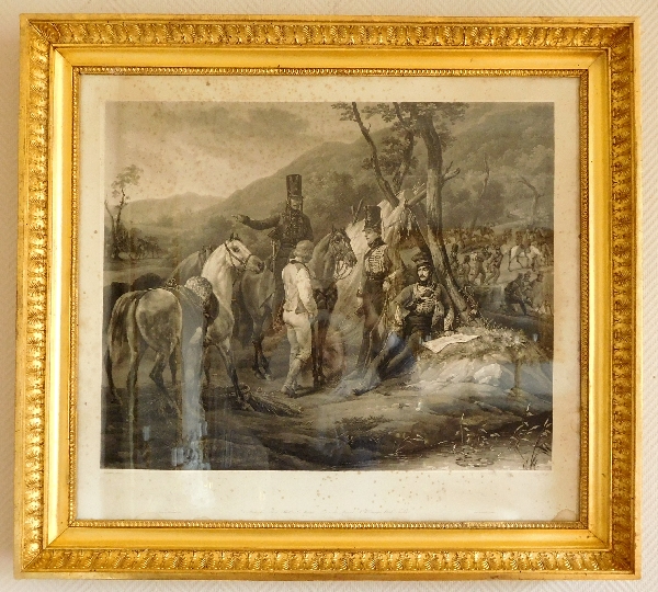 Gravure d'après Vernet : Bivouac du 3e Régiment de Hussards, cadre en bois doré, époque Empire