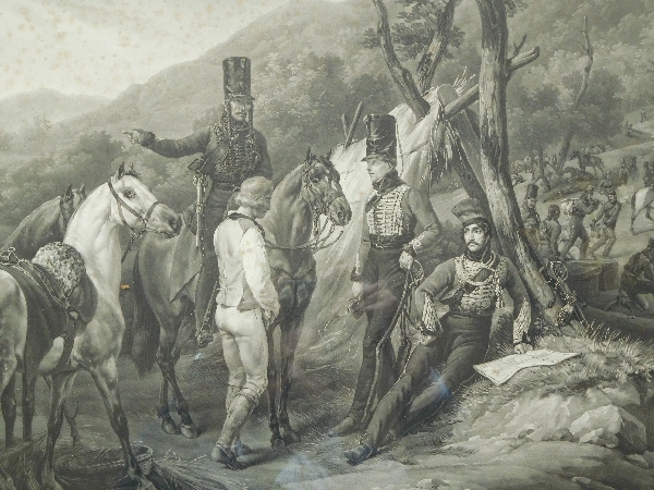 Gravure d'après Vernet : Bivouac du 3e Régiment de Hussards, cadre en bois doré, époque Empire