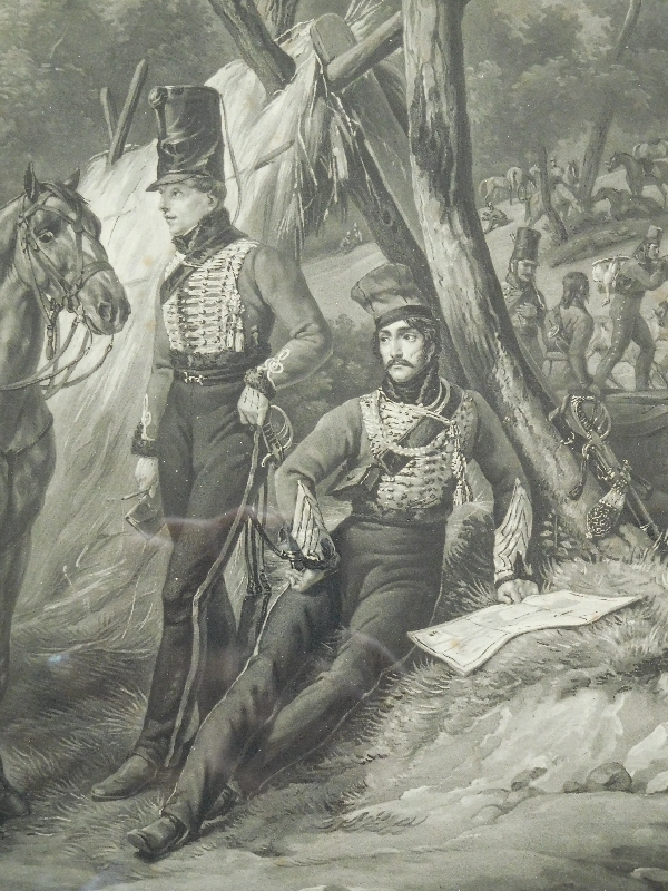 Gravure d'après Vernet : Bivouac du 3e Régiment de Hussards, cadre en bois doré, époque Empire