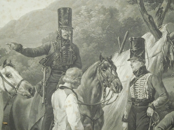 Large Empire engraving : 3rd Hussards Regiment and Colonel Moncey - gold leaf gilt frame