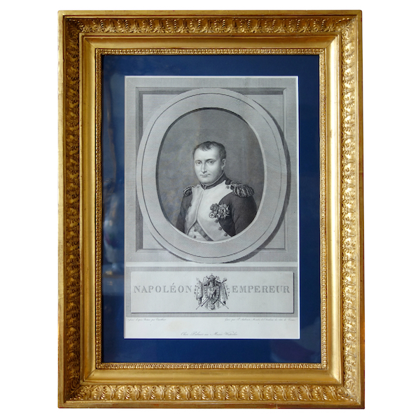 Portrait de Napoléon Ier Empereur, gravure dans un cadre en bois doré d'époque Empire 43cm x 56,5cm