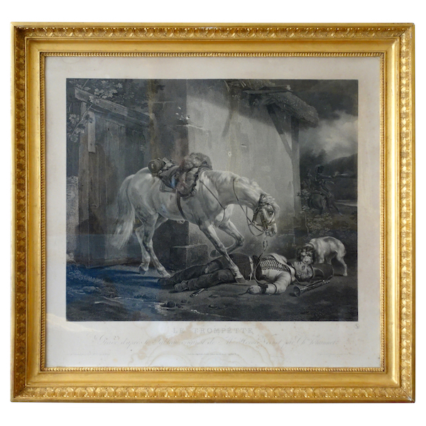 Large Empire engraving by Vernet : the wounded Trumpeter, gilt wood frame Empire period