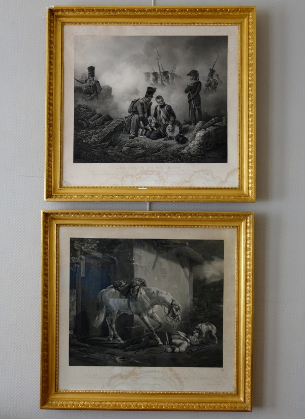 Large Empire engraving by Vernet : the wounded Trumpeter, gilt wood frame Empire period
