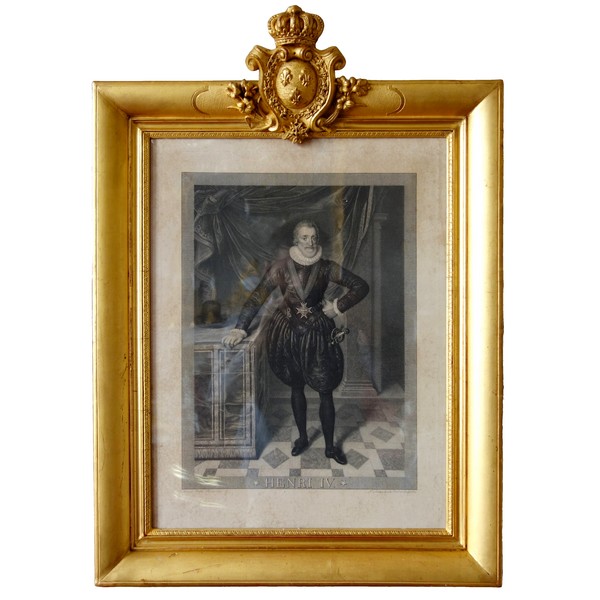 Royalist engraving : Henri IV King of France, France coat of arms on the frame, 19th century