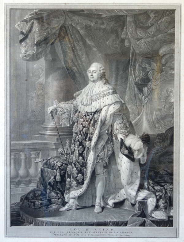 Grande gravure royaliste : Louis XVI roi de France en costume de sacre - 78cm x 95cm