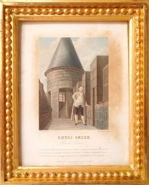 Gravure Louis XVI au Temple, cadre en bois doré XIXe siècle, souvenir historique royaliste