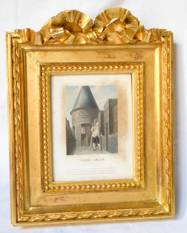 Gravure Louis XVI au Temple, cadre en bois doré XIXe siècle, souvenir historique royaliste