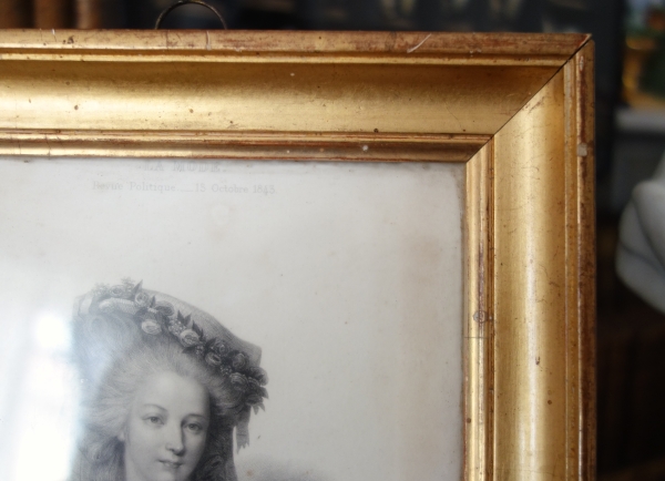 Gravure portrait de Madame de Lamballe, souvenir historique royaliste dans son cadre bois doré