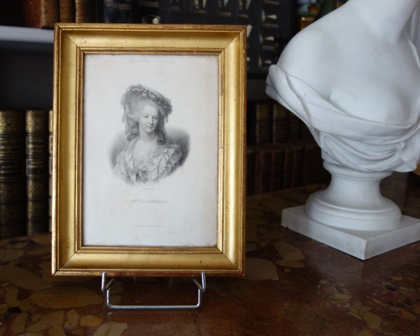 Gravure portrait de Madame de Lamballe, souvenir historique royaliste dans son cadre bois doré
