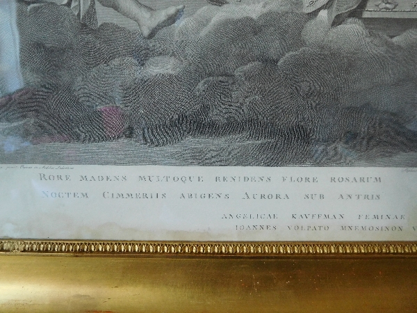 Grande gravure mythologique d'époque Empire : le char d'Aurore, cadre en bois doré à la feuille d'or