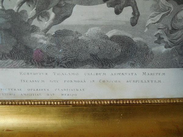 Grande gravure mythologique d'époque Empire : le char d'Aurore, cadre en bois doré à la feuille d'or