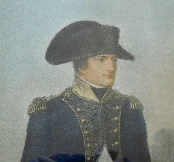 Grande gravure colorisée : Napoléon Bonaparte devant la Malmaison d'Après Isabey
