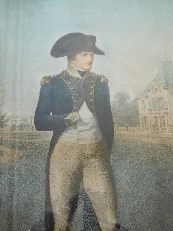 Large colorized engraving : Napoleon Bonaparte in front of Malmaison after Isabey
