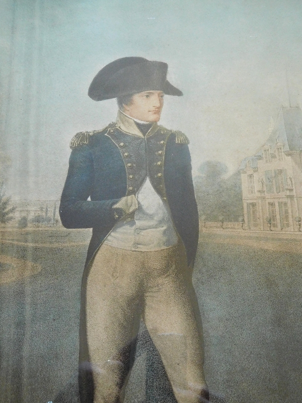 Grande gravure colorisée : Napoléon Bonaparte devant la Malmaison d'Après Isabey