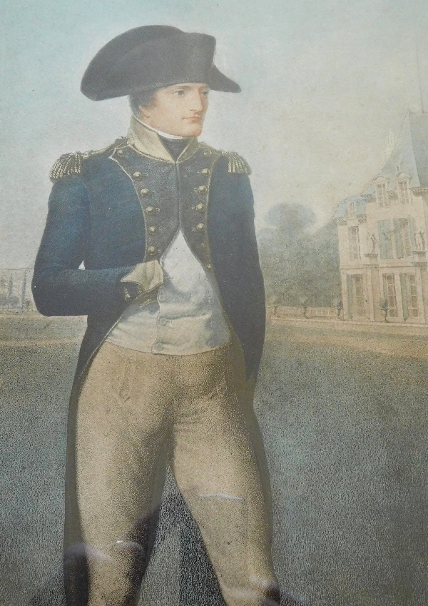 Large colorized engraving : Napoleon Bonaparte in front of Malmaison after Isabey