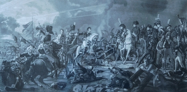 Grande gravure Napoléonienne, l'Empereur vainqueur & son état major, cadre en bois doré, époque Empire