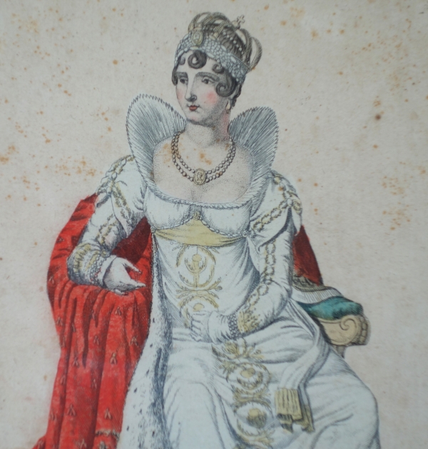 Polychrome engraving : Empress Josephine wearing coronation clothes - Empire period, early 19th century