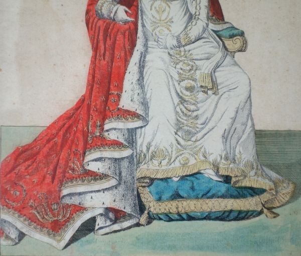 Polychrome engraving : Empress Josephine wearing coronation clothes - Empire period, early 19th century