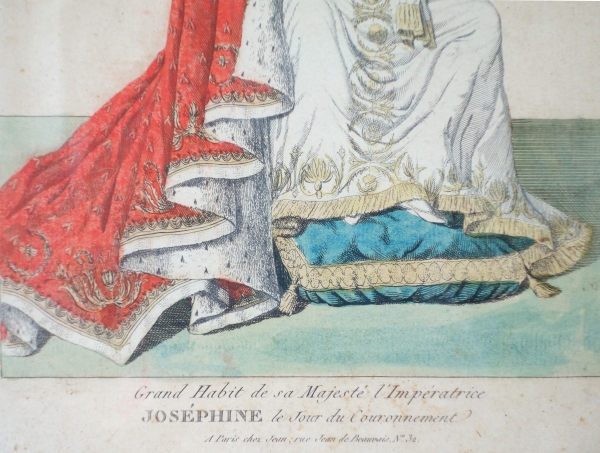 Polychrome engraving : Empress Josephine wearing coronation clothes - Empire period, early 19th century