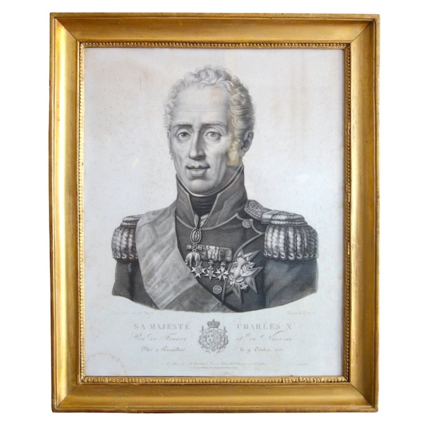 Gravure Royaliste - portrait de Charles X, Roi de France et de Navarre cadre en bois doré 1820