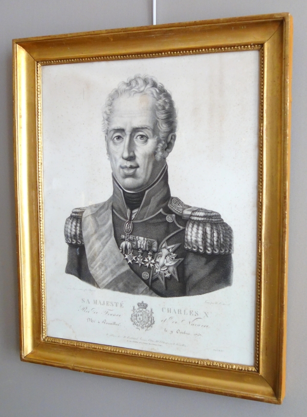 Gravure Royaliste - portrait de Charles X, Roi de France et de Navarre cadre en bois doré 1820