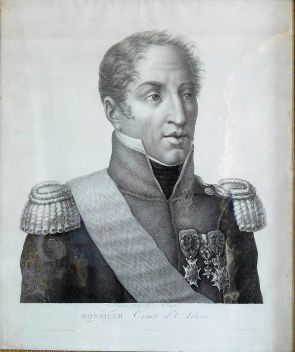 Portrait du Comte d'Artois futur Roi Charles X - gravure d'époque Restauration - 69cm x 79cm